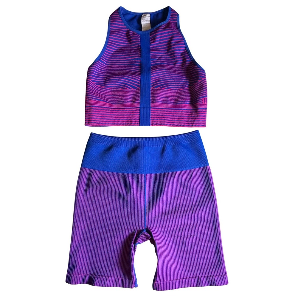 Fabletics Athletic Set Crop Top Bike Shorts Pink Blue Ribbed Size M-972